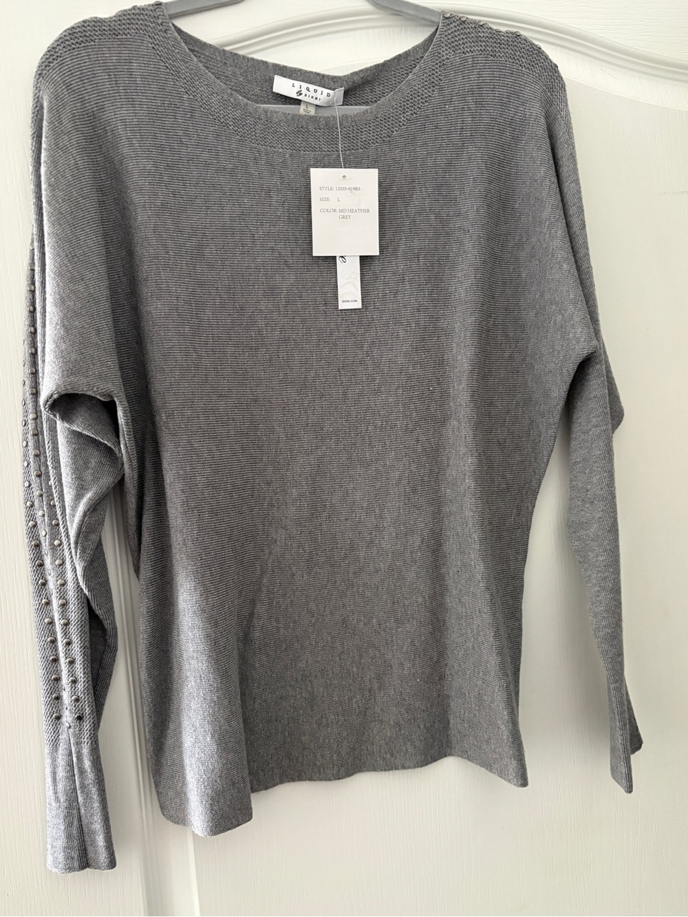 Pearl-Trim Light Gray Crewneck Sweater